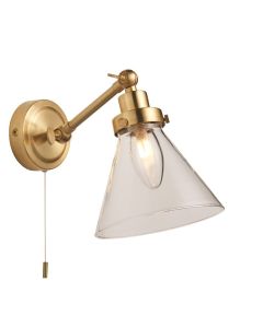 Endon Lighting - Faraday - 93854 - Satin Brass Clear Glass IP44 Pull Cord Bathroom Wall Spotlight