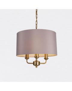 3 Light Antique Brass Pendant Chandelier with Grey Fabric Shade