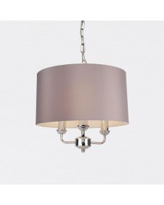 3 Light Chrome Pendant Chandelier with Grey Fabric Shade