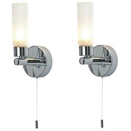 Set of 2 Polished Chrome IP44 Bathroom Wall Light With Pull Cord Switch