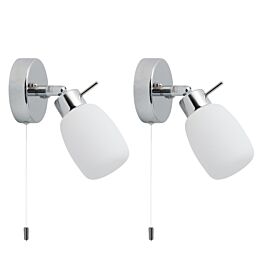 Set of 2 Brom - Chrome Opal Glass IP44 Pull Cord Bathroom Wall Spotlights