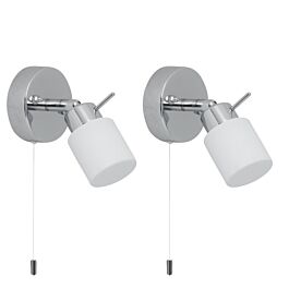 Set of 2 Iona - Chrome Opal Glass IP44 Pull Cord Bathroom Wall Spotlights